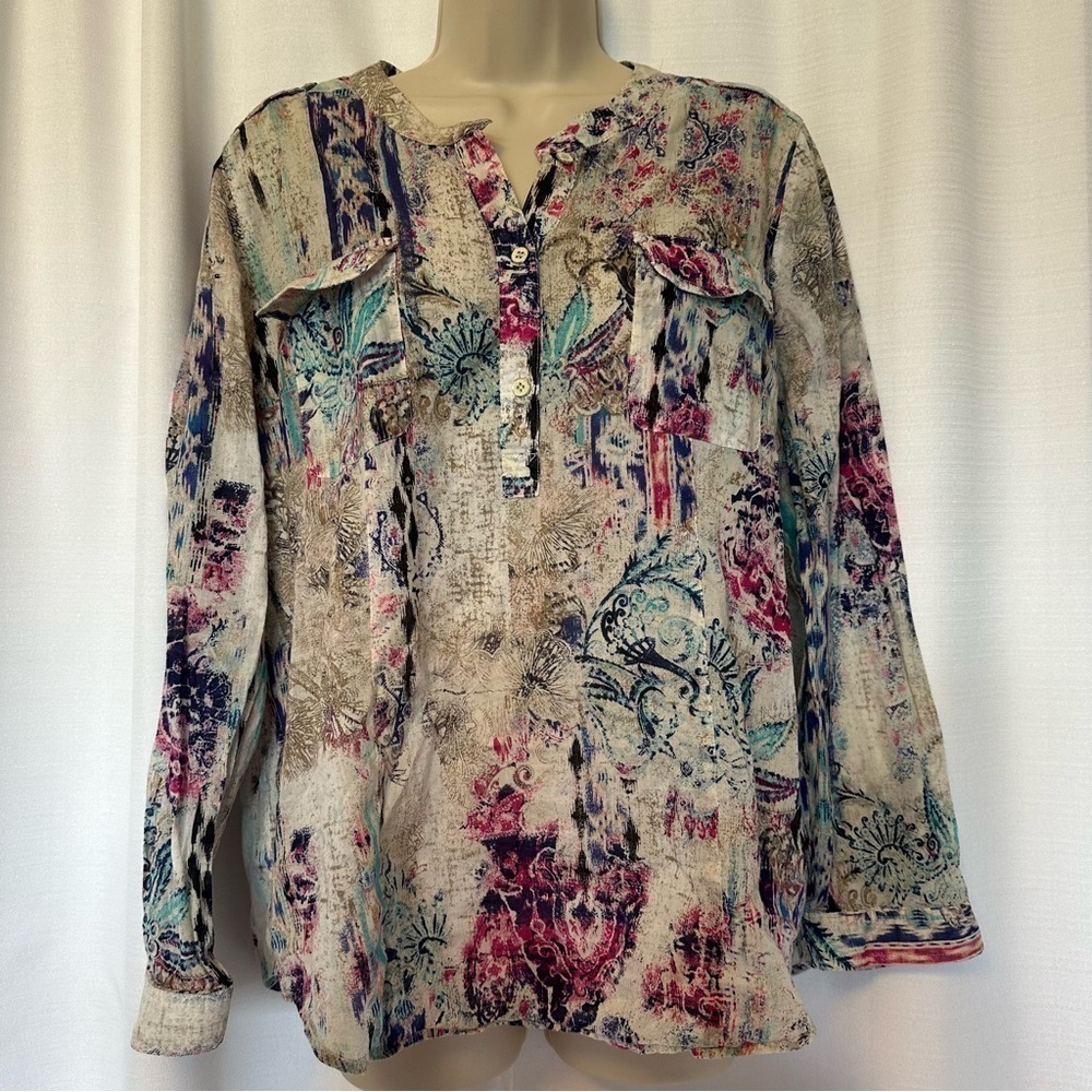 CHICO'S Cotton Top Boho Multicolor Long Sleeve Popover Shirt Women's Sz Large 2